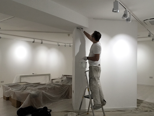 Office painters in London. Painting an office in London standing on a step ladder with a paint brush in hand