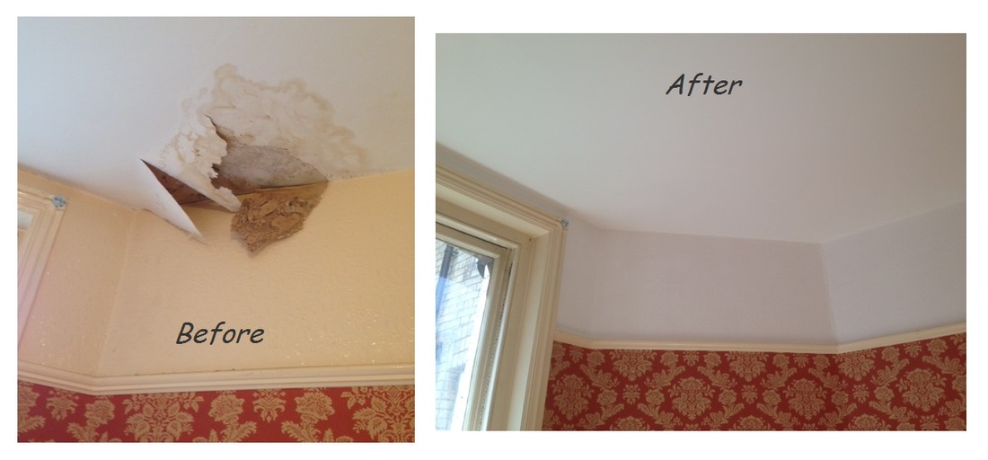 Painters Central London showing before and after repair n a ceiling in Mayfair